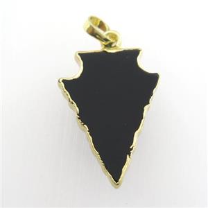 black Onyx Agate pendant, arrowhead, gold plated, approx 15-20mm