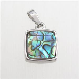 rainbow Paua Abalone shell pendant, platinum plated, approx 11x11mm