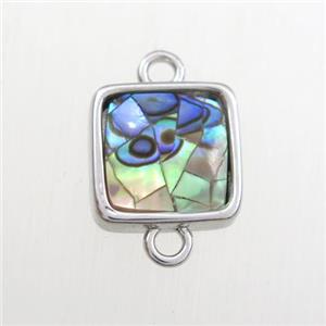 rainbow Paua Abalone shell connector, square, platinum plated, approx 11x11mm