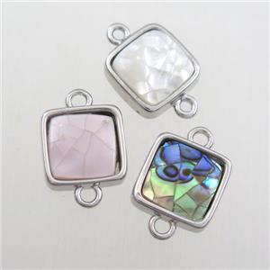 mixed color Paua Abalone shell connector, square, platinum plated, approx 11x11mm