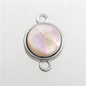 pink Paua Abalone shell connector, circle, platinum plated, approx 12mm dia