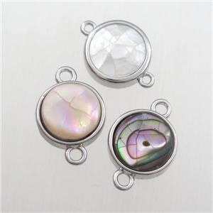 mix color Paua Abalone shell connector, circle, platinum plated, approx 12mm dia
