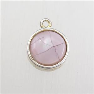 pink Paua Abalone shell pendant, circle, gold plated, approx 12mm dia