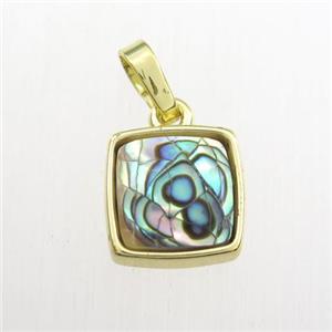 rainbow Paua Abalone shell pendant, square, gold plated, approx 11x11mm