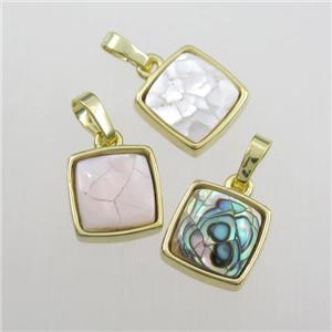 mixed color Paua Abalone shell pendant, square, gold plated, approx 11x11mm