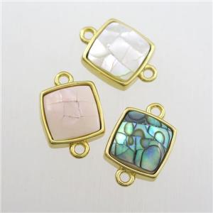 mixed color Paua Abalone shell connector, square, gold plated, approx 11x11mm