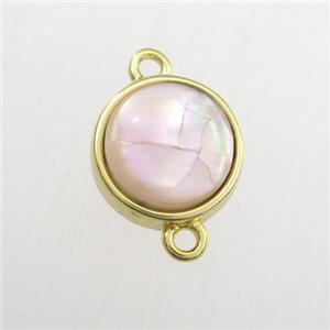 pink Paua Abalone shell connector, circle, gold plated, approx 12mm dia