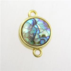multi-color Paua Abalone shell connector, circle, gold plated, approx 12mm dia