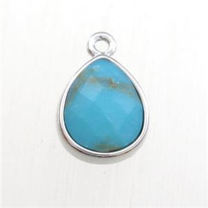 blue Turquoise pendant, teardrop, platinum plated, approx 9-11mm