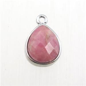 pink Rhodonite pendant, teardrop, platinum plated, approx 9-11mm