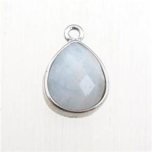 blue Aquamarine pendant, teardrop, platinum plated, approx 9-11mm