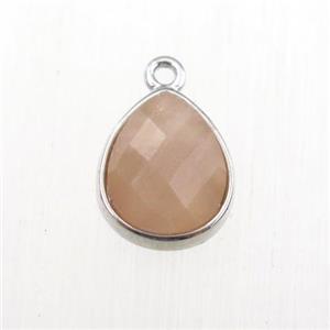 peach Sunstone pendant, teardrop, platinum plated, approx 9-11mm