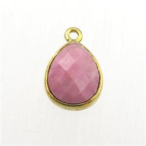 pink Rhodonite pendant, teardrop, gold plated, approx 9-11mm