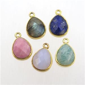 mixed gemstone pendant, teardrop, gold plated, approx 9-11mm