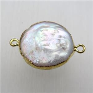 white pearl connector, circle, gold plated, approx 18mm dia
