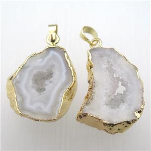 white druzy agate slice pendant, freeform, gold plated, approx 23-35mm