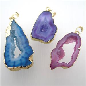 druzy agate slice pendant, gold plated, mix color, approx 23-45mm