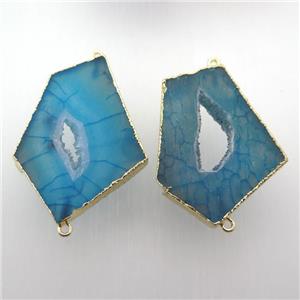 blue druzy agate slab connector, gold plated, approx 30-50mm