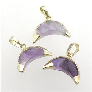 purple Amethyst crescent pendant, gold plated, approx 5-16mm