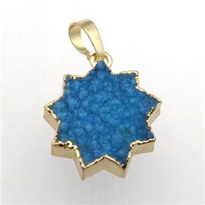 blue Druzy Quartz sunflower pendant, gold plated, approx 20mm dia