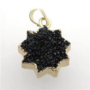 black Druzy Quartz sunflower pendant, gold plated, approx 20mm dia