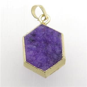purple Druzy Quartz hexagon pendant, gold plated, approx 18-25mm
