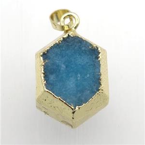 blue Druzy Quartz hexagon pendant, gold plated, approx 18-25mm