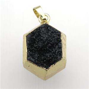 black Druzy Quartz hexagon pendant, gold plated, approx 18-25mm
