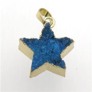 blue Druzy Quartz star pendant, gold plated, approx 20mm dia