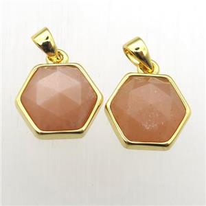 peach SunStone hexagon pendants, approx 11-12mm