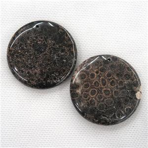 black Coral Fossil pendants, circle, approx 50mm dia