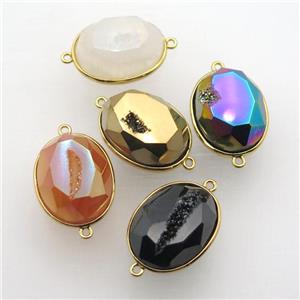 Agate Druzy oval connector, mixed color, approx 17-22mm