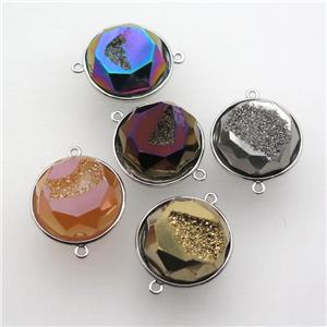 Agate Druzy circle connector, mixed color, approx 20mm dia