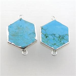 blue Turquoise connector, hexagon, silver plated, approx 20mm