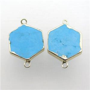 blue Turquoise connector, hexagon, gold plated, approx 20mm