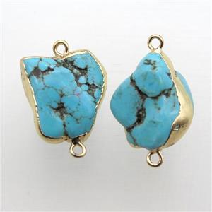 blue Turquoise nugget connector, freeform, gold plated, approx 20-23mm