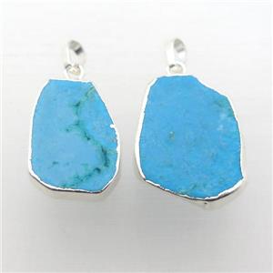 blue Turquoise pendant, freeform, silver plated, approx 15-22mm