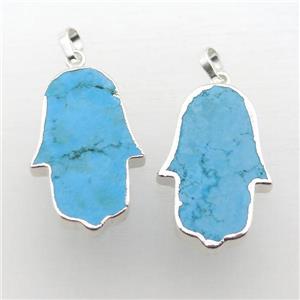 blue Turquoise hamsahand pendant, silver plated, approx 18-30mm