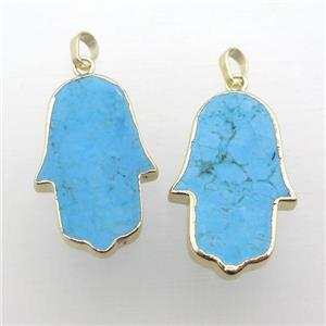blue Turquoise hamsahand pendant, gold plated, approx 18-30mm