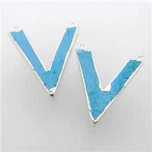 blue Turquoise pendant, letter-V, silver plated, approx 6-30mm