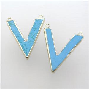 blue Turquoise pendant, letter-V, gold plated, approx 6-30mm