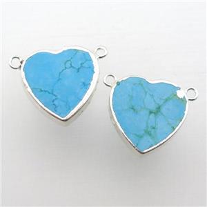 blue Turquoise heart pendant with 2loops, silver plated, approx 20mm