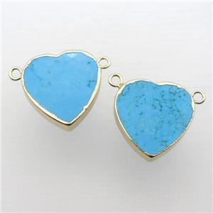 blue Turquoise heart pendant with 2loops, gold plated, approx 20mm