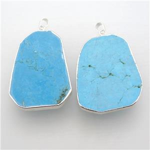 blue Turquoise slice pendant, freeform, silver plated, approx 35-55mm