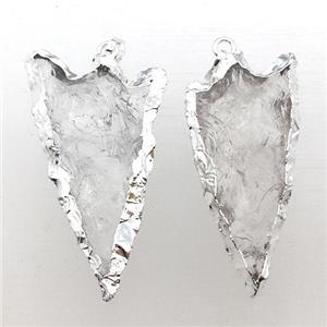 hammered Clear Quartz arrowhead pendant, silver plated, approx 25-50mm