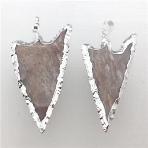 hammered Rock Agate arrowhead pendant, silver plated, approx 25-50mm