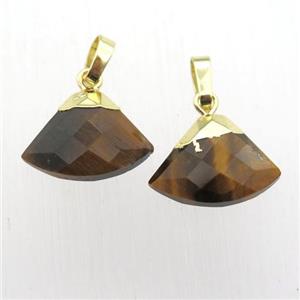 natural Tiger eye stone fan pendant, gold plated, approx 11-16mm