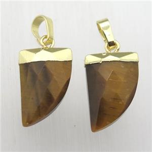 natural Tiger eye stone horn pendant, gold plated, approx 11-16mm