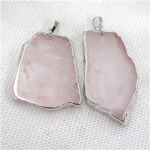 Rose Quartz slab pendant, freeform, platinum plated, approx 20-60mm