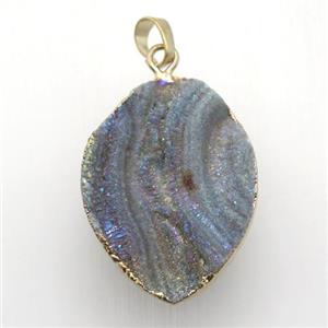 AB-color Solar Agate Druzy leaf pendant, gold plated, approx 25-35mm